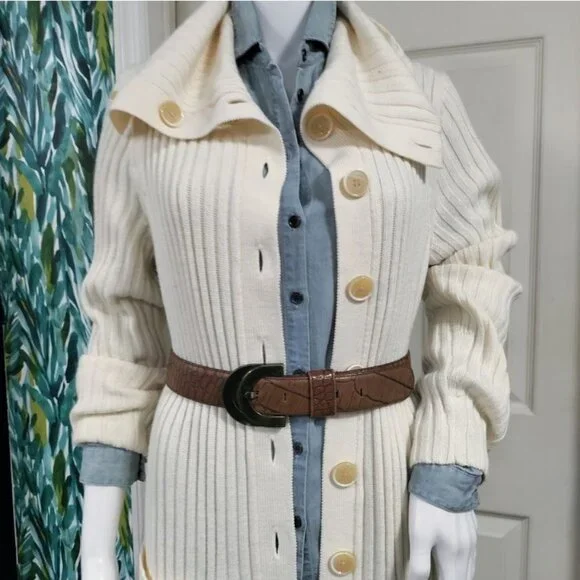 Banana Republic Italian Wool Cardigan L Ribbed Lagenlook Woolblend Preppy - Picture 4 of 11